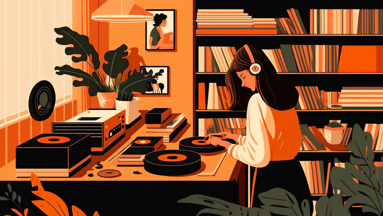 female dj playing vinyl records at home