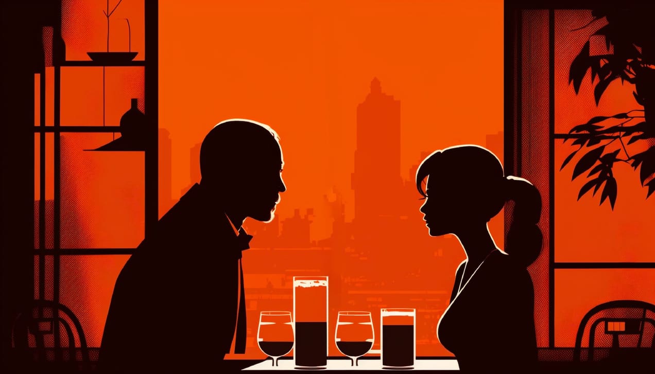 a couple sitting on a table and having a conversation